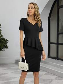 雞心領口荷葉邊緊身洋裝 - 黑色 - 查看 1