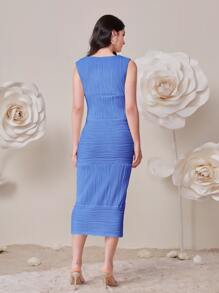 sooner or later 素色胸部褶皺連衣裙 - 藍色 - 查看 2