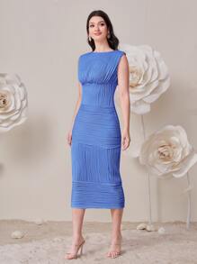 sooner or later 素色胸部褶皺連衣裙 - 藍色 - 查看 5