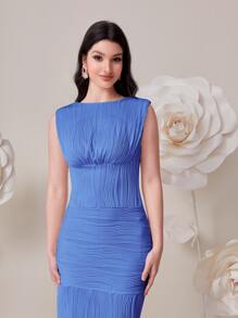 sooner or later 素色胸部褶皺連衣裙 - 藍色 - 查看 6