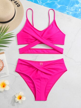 SHEIN 少女纯色交叉比基尼套装 夏日海滩