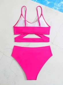 SHEIN Teen Girls Solid Criss Cross Bikini Set Summer Beach - Hot Pink - View 2