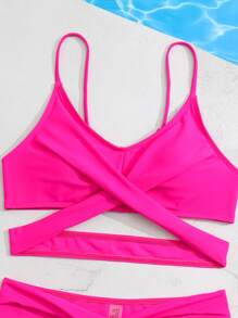 SHEIN Teen Girls Solid Criss Cross Bikini Set Summer Beach - Hot Pink - View 3
