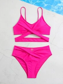 SHEIN Teen Girls Solid Criss Cross Bikini Set Summer Beach - Hot Pink - View 5