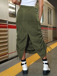 Drawstring Side Flap Pocket Split Back Ruched Cargo Skirt - Army Green - View 2