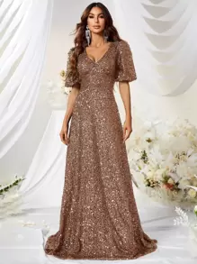 YISIKADO Puff Sleeve Sequin Formal Dress - Camel - View 2