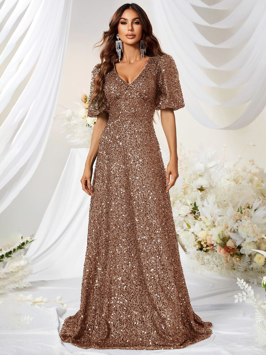 YISIKADO Puff Sleeve Sequin Formal Dress