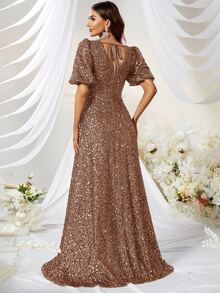 YISIKADO Puff Sleeve Sequin Formal Dress - Camel - View 3
