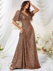 YISIKADO Puff Sleeve Sequin Formal Dress - Camel - View 4