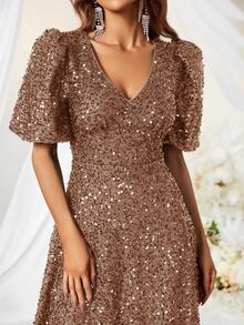 YISIKADO Puff Sleeve Sequin Formal Dress - Camel - View 5