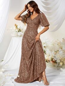YISIKADO Puff Sleeve Sequin Formal Dress - Camel - View 6
