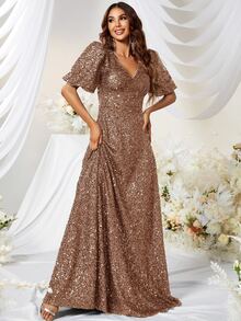 YISIKADO Puff Sleeve Sequin Formal Dress - Camel - View 7