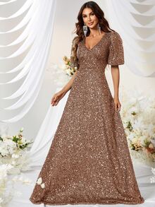 YISIKADO Puff Sleeve Sequin Formal Dress - Camel - View 8