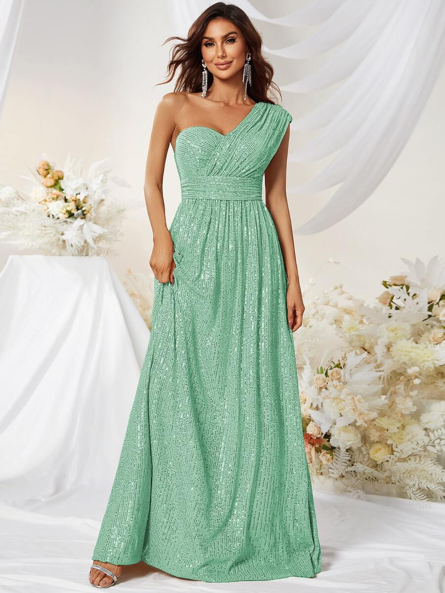 YISIKADO 單肩亮片裝飾及地洋裝