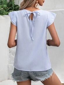 SHEIN LUNE Striped Print Butterfly Sleeve Blouse - Blue and White - View 2