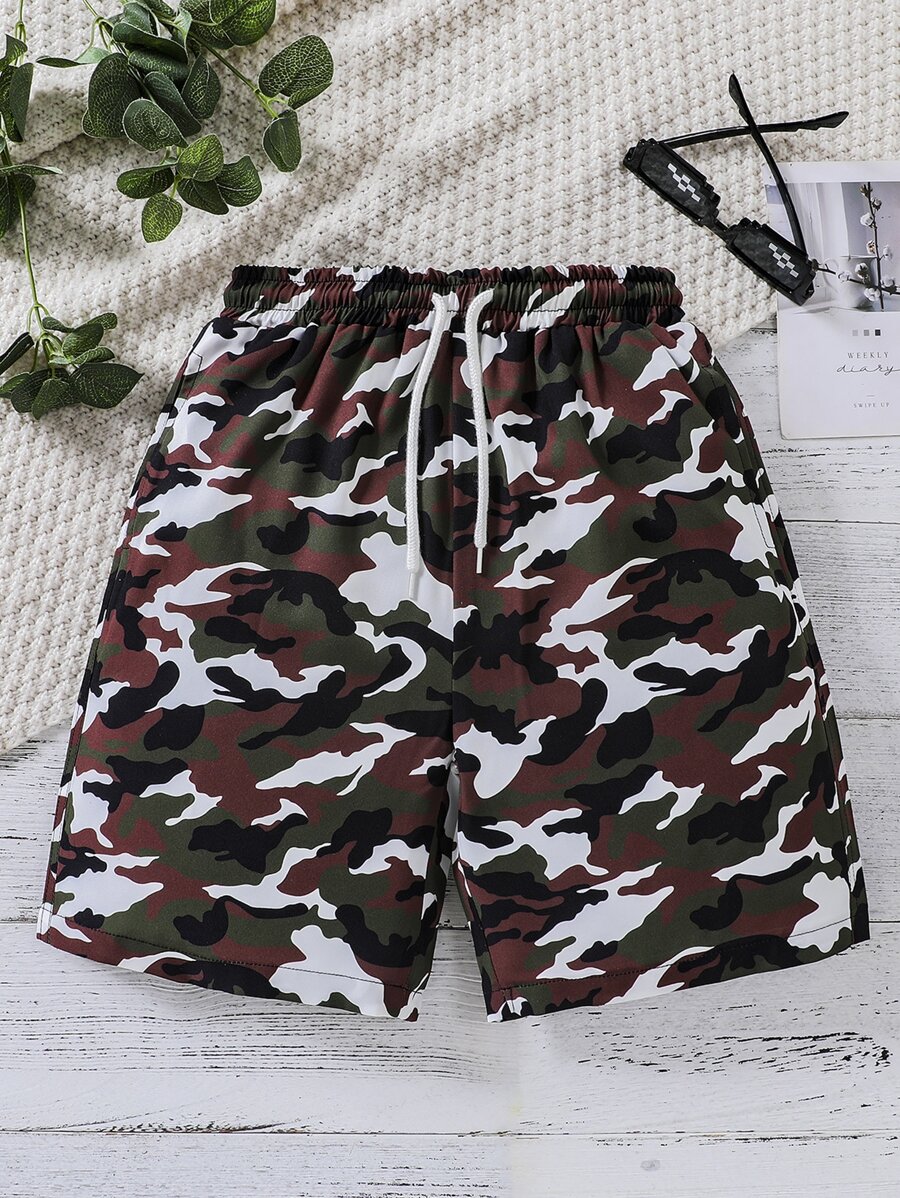 Boys Camo Print Drawstring Waist Shorts - Multicolor - View 1