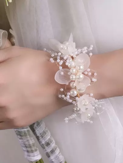 1pc Romantic Pink Flower Handmade Wrist Corsage, Bridesmaid Bracelet With Purple Flower, Rose Pink Pearl, Green Mori Style Deco, Wedding Accessory