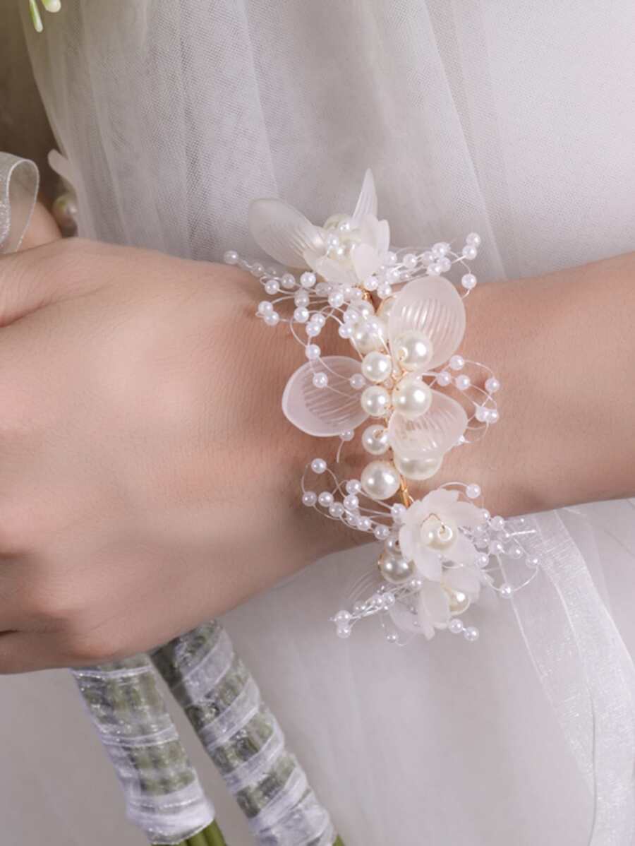1 pièce Bracelet-Corsage Rose Romantique Fait Main, Bracelet De Demoiselle D'honneur Avec Fleur Violette, Perle Rose Poudré, Décoration Style Mori Vert, Accessoire De Mariage