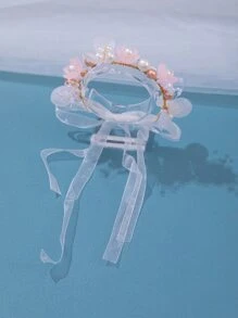 1 件手工制作的粉色花朵腕花，配浪漫紫色花朵、粉色仿珍珠和绿色森林配饰，适合伴娘情人节的婚礼装饰 - 粉色 - 查看 3