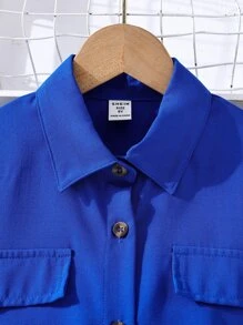 Tween Girl Flap Detail Button Front Belted Shirt Dress - Royal Blue - View 6