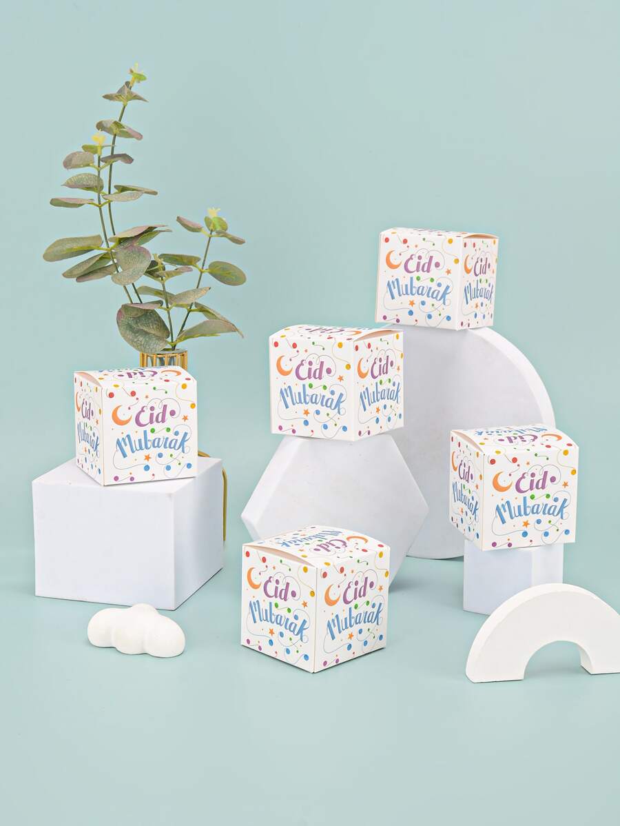 5pcs/set Paper Gift Box, Creative Moon & Letter Graphic Gift Packaging Box For Eid
