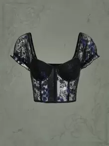 ROMWE Goth Floral Lace Puff Sleeve Crop Top - Black - View 1