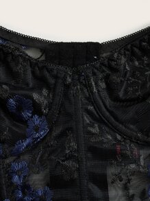 ROMWE Goth Floral Lace Puff Sleeve Crop Top - Black - View 2