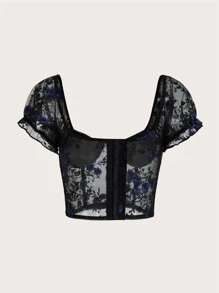 ROMWE Goth Floral Lace Puff Sleeve Crop Top - Black - View 4
