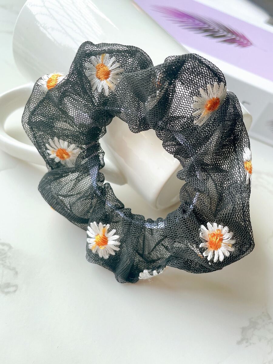 1pc Women Flower Embroidered Casual Scrunchie For Daily Life - Black - View 1