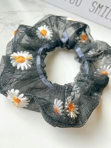 1pc Women Flower Embroidered Casual Scrunchie For Daily Life - Black - View 2