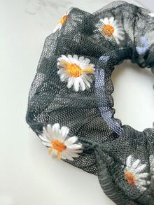 1pc Women Flower Embroidered Casual Scrunchie For Daily Life - Black - View 3