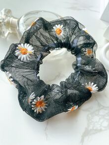 1pc Women Flower Embroidered Casual Scrunchie For Daily Life - Black - View 4