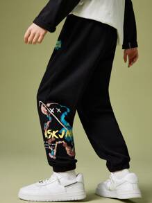 Chicos Pantalones deportivos con estampado de slogan - Negro - Ver 2