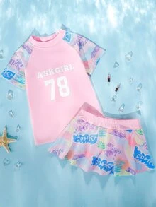 Tween Girl Letter Graphic High Neck Bikini Set Summer Beach - Multicolor - View 1