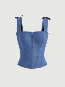 SHEIN MOD Bow Detail Lace Up Back Wide Strap Top Corset Top - Blue - View 1