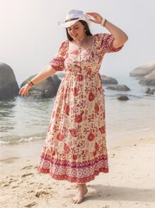 Plus Floral Print Ruffle Hem Dress - Multicolor - View 1