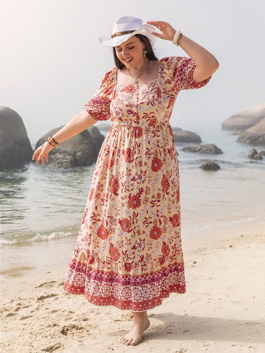Plus Floral Print Ruffle Hem Dress - Multicolor - View 1