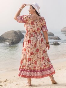 Plus Floral Print Ruffle Hem Dress - Multicolor - View 2