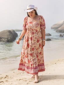 Plus Floral Print Ruffle Hem Dress - Multicolor - View 3