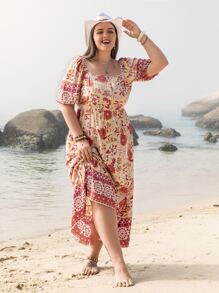 Plus Floral Print Ruffle Hem Dress - Multicolor - View 5