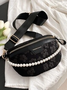 花卉圖案腰包人造珍珠裝飾適用於日常