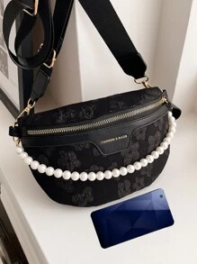 花卉圖案腰包人造珍珠裝飾適用於日常