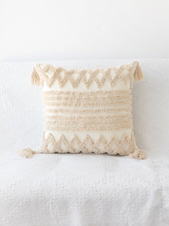 1入組簇絨靠墊套波西米亞風編織面料流蘇裝飾傢居裝飾抱枕套