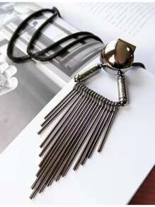 Metal Tassel Charm Necklace - Black - View 1