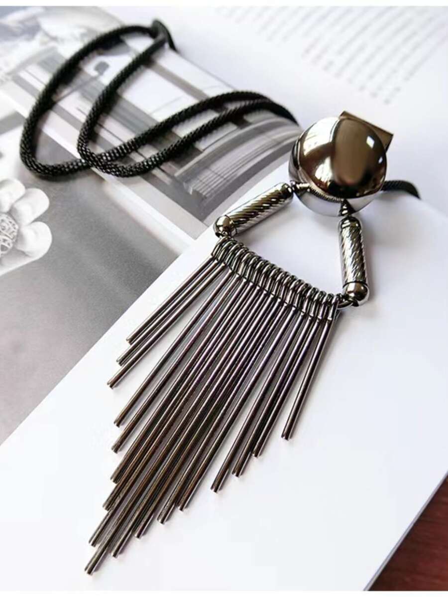 Metal Tassel Charm Necklace - Black - View 1