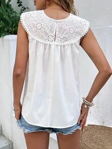 SHEIN VCAY Eyelet Embroidery Keyhole Back Sleeveless Blouse - White - View 2