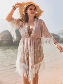 Rusttydustty Plus Geo Print Fringe Trim Kimono - Multicolor - View 1