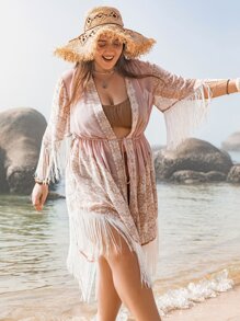 Rusttydustty Plus Geo Print Fringe Trim Kimono - Multicolor - View 5