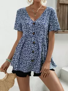 SHEIN Maternity Ditsy Floral Print Button Front Peplum Blouse - Blue and White - View 1