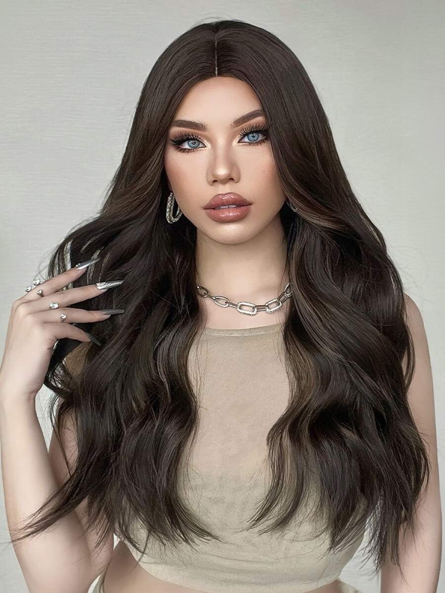 HAIRCUBE Pelucas marrones de 26 pulgadas para mujer Peluca sintética de parte media Peluca rizada natural para fiesta de citas Uso diario - Dark Brown - Ver 1